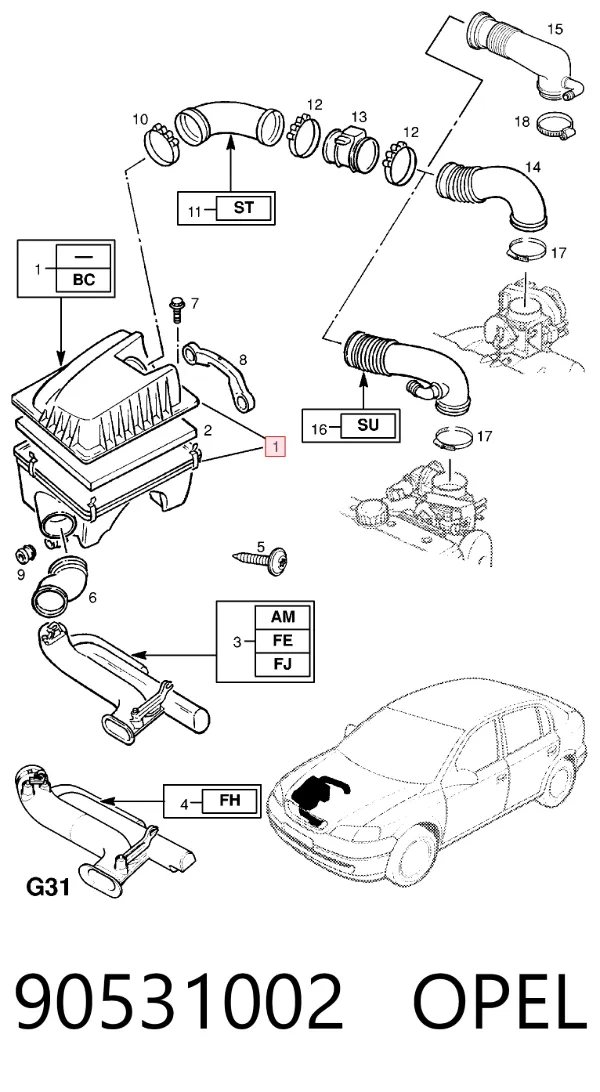 Caja del filtro de aire 90531002 Opel