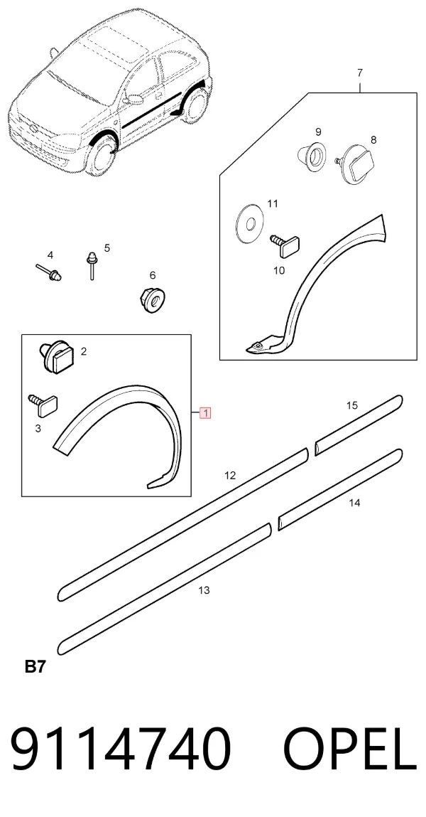 Extensión de la aleta delantera derecha 9114740 Opel