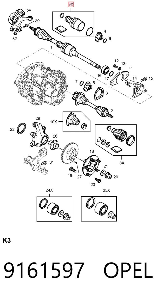 Fuelle, junta homocinética interior derecha delantera 9161597 Opel
