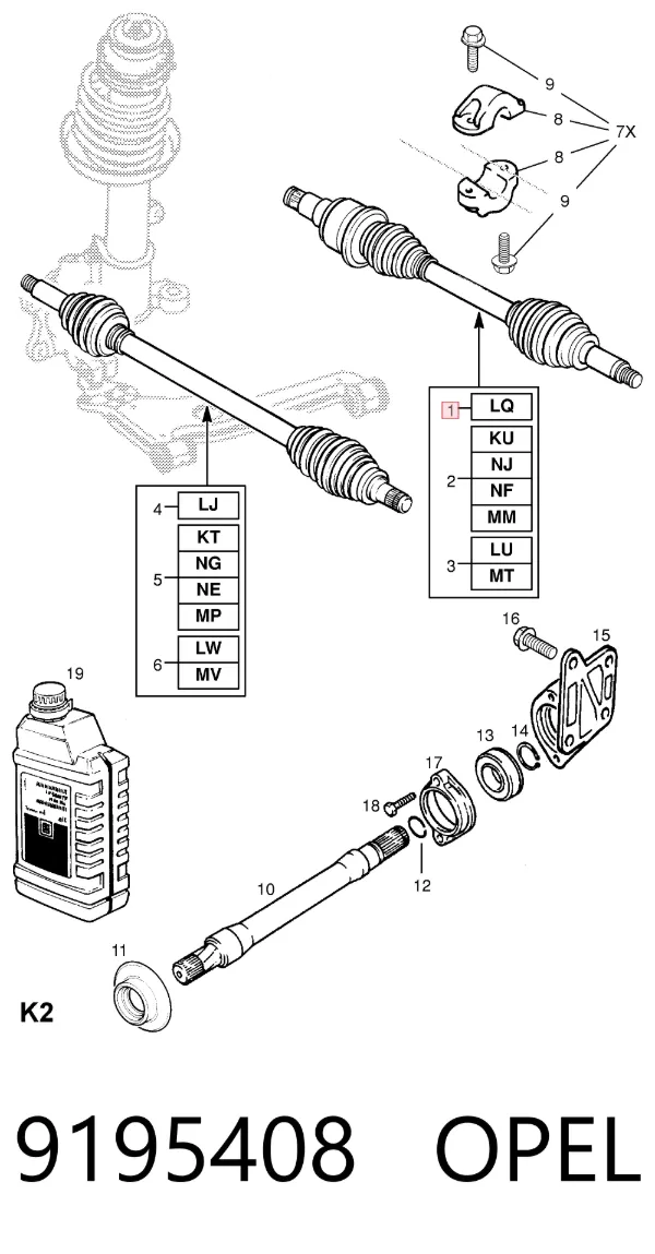 Semieje delantero derecho 9195408 Opel