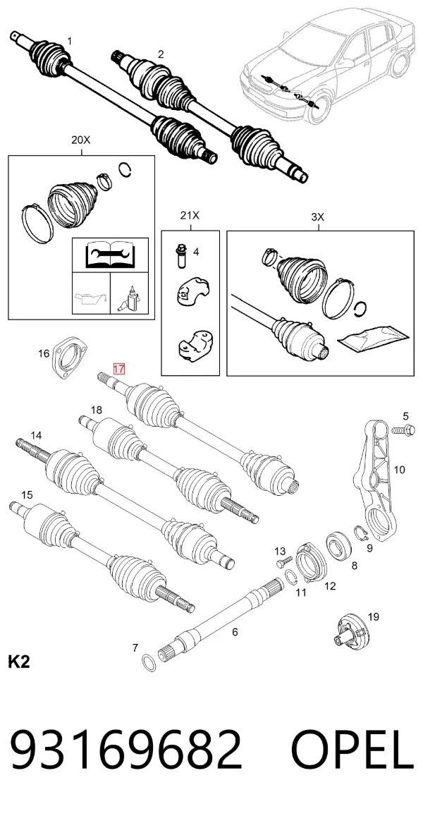 Semieje delantero derecho 93169682 Opel