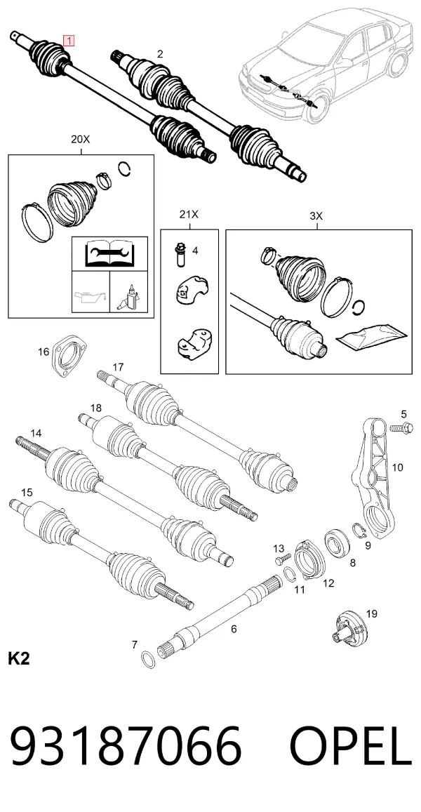 Semieje delantero derecho 93187066 Opel