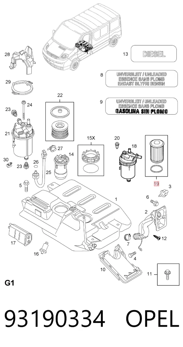 Filtro de combustible 93190334 Opel