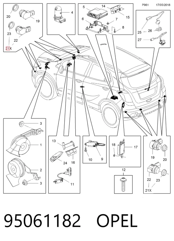 Sensor de aparcamiento trasero 95061182 Opel