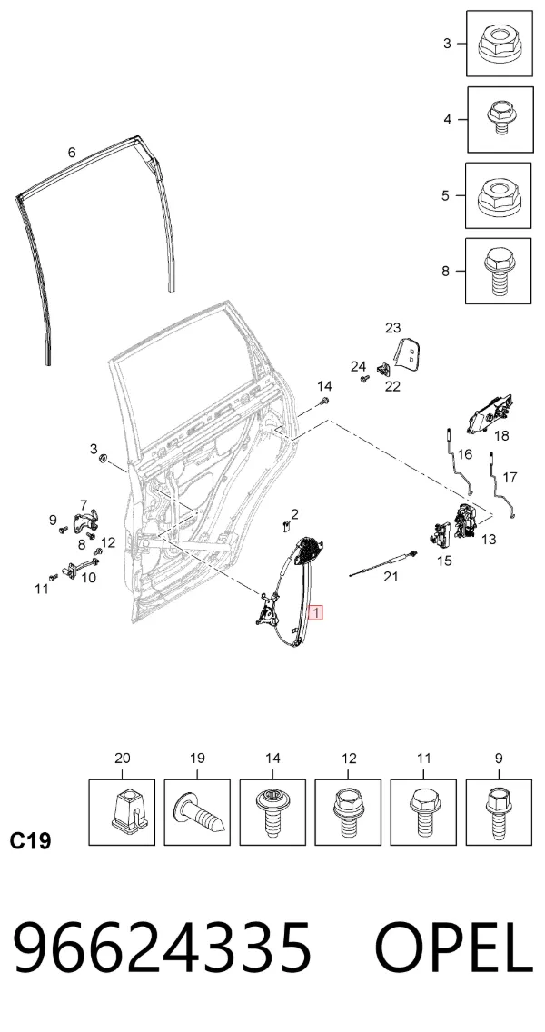 Mecanismo de elevalunas de la puerta trasera derecha 96624335 Opel