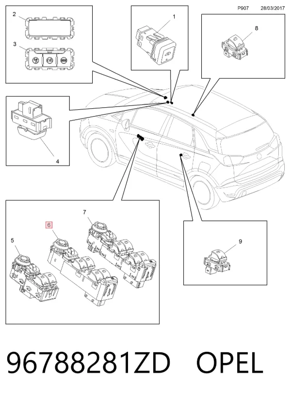Interruptor de elevalunas delantera izquierda 96788281ZD Opel