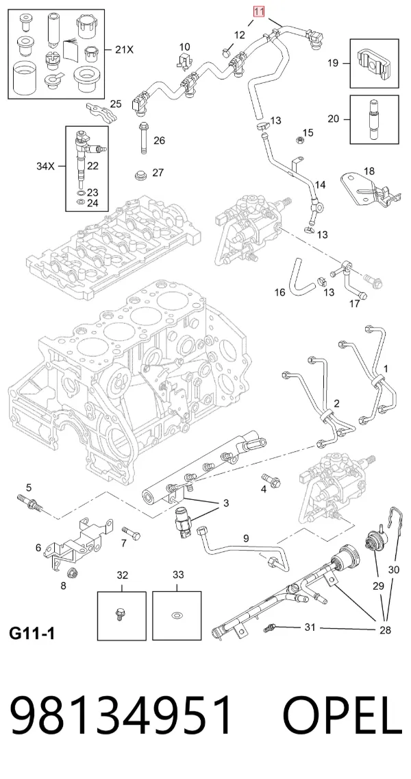 Tubería de retorno de combustible de los inyectores 98134951 Opel