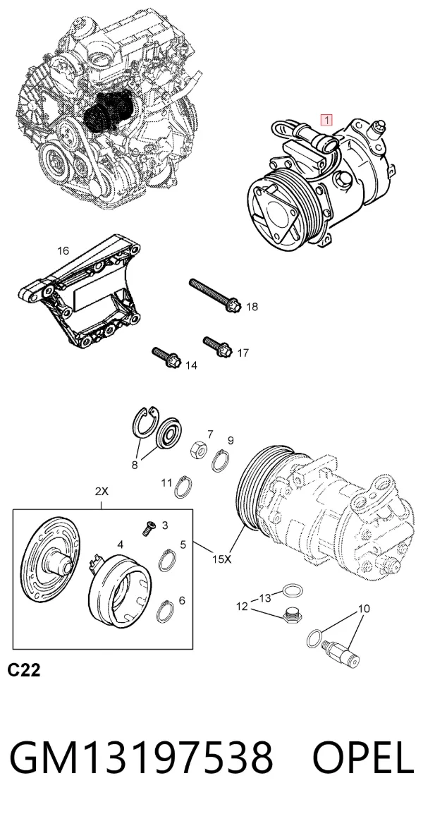 Compresor de aire acondicionado GM13197538 Opel