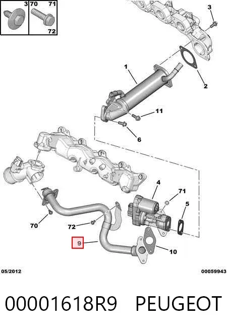 Tubo del sistema de recirculación de gases de escape EGR 00001618R9 Peugeot/Citroen