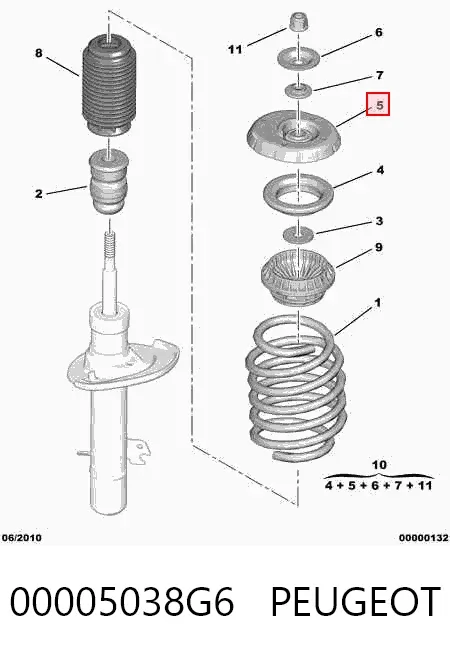 Soporte del amortiguador delantero 00005038G6 Peugeot/Citroen
