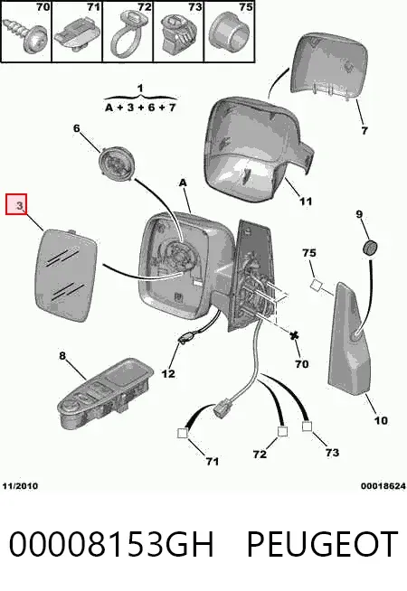 Espejo de retrovisor derecho 00008153GH Peugeot/Citroen