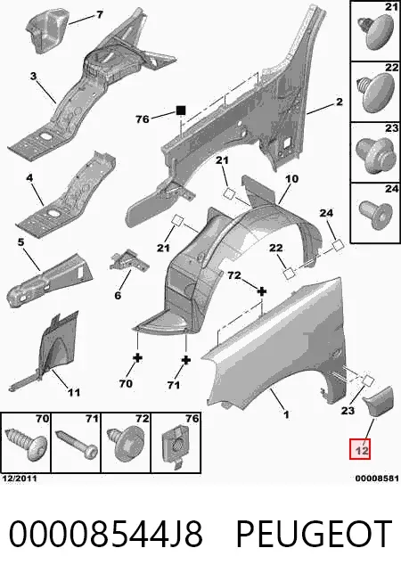Moldura de guardabarros delantero derecho 00008544J8 Peugeot/Citroen