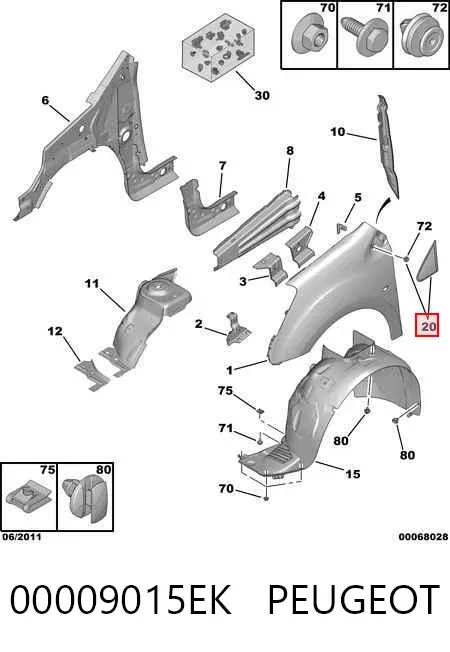 Moldura del guardabarros delantero izquierdo 00009015EK Peugeot/Citroen