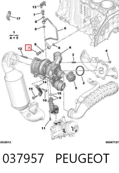 Perno de tubo de alimentación de aceite de turbocompresor PEUGEOT 037957