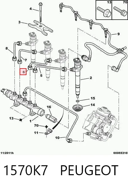 Tubería de combustible, sistema inyección, cilindro 3 1570K7 Peugeot/Citroen