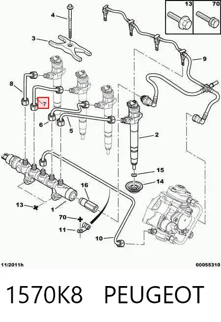 Tubería de combustible, sistema inyección, cilindro 2 1570K8 Peugeot/Citroen