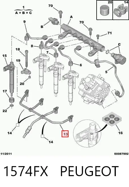 Tubería de retorno de combustible de los inyectores 1574FX Peugeot/Citroen