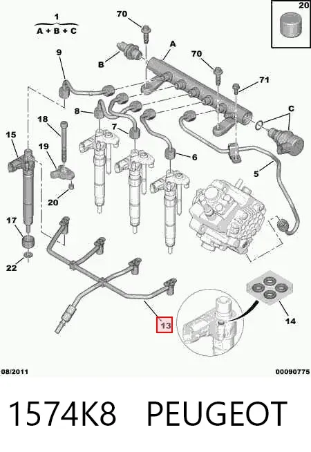 Tubería de retorno de combustible de los inyectores 1574K8 Peugeot/Citroen