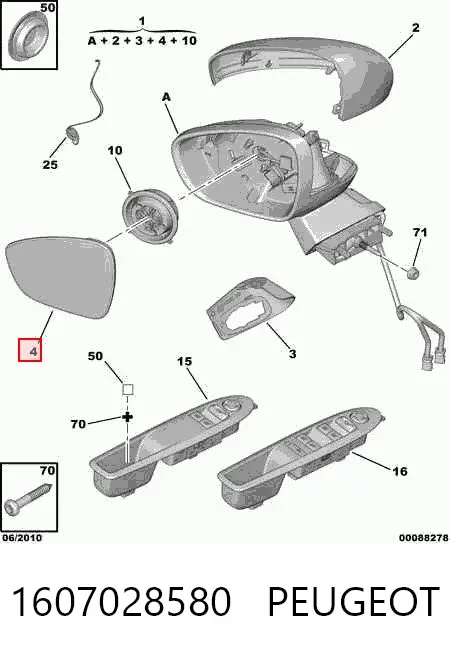 Espejo de retrovisor izquierdo 1607028580 Peugeot/Citroen
