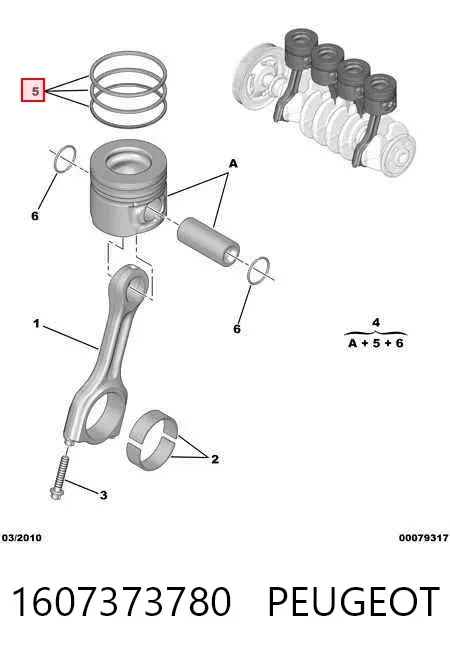 Aros de pistón para 1 cilindro, STD 1607373780 Peugeot/Citroen