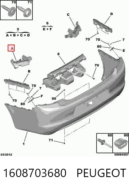 Kit de soportes/fijaciones del parachoques trasero 1608703680 Peugeot/Citroen