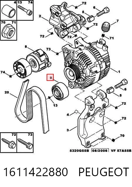 Polea inversión / guía, correa poli V 1611422880 Peugeot/Citroen
