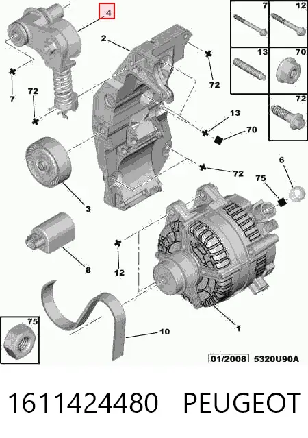 Tensor de correa poli V 1611424480 Peugeot/Citroen