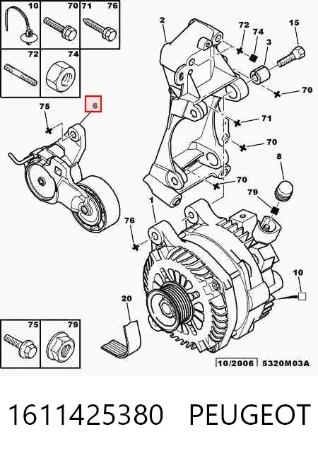 Tensor de correa poli V 1611425380 Peugeot/Citroen