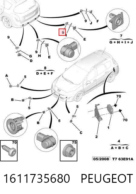 Sensor de aparcamiento trasero 1611735680 Peugeot/Citroen