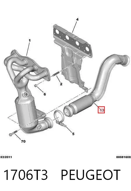 Tubo de admisión del silenciador de escape delantero 1706T3 Peugeot/Citroen