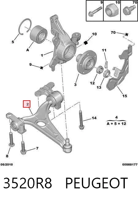 Brazo inferior izquierdo de la suspensión delantera 3520R8 Peugeot/Citroen