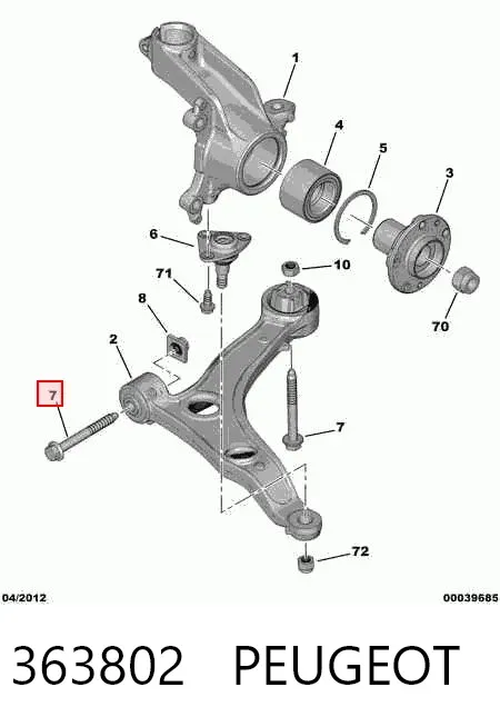 Perno de fijación del brazo oscilante delantero 363802 Peugeot/Citroen