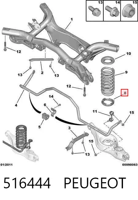 Aislador de resorte trasero inferior de goma 516444 Peugeot/Citroen