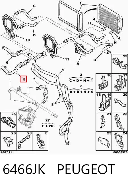 Manguera de calefacción, retorno 6466JK Peugeot/Citroen