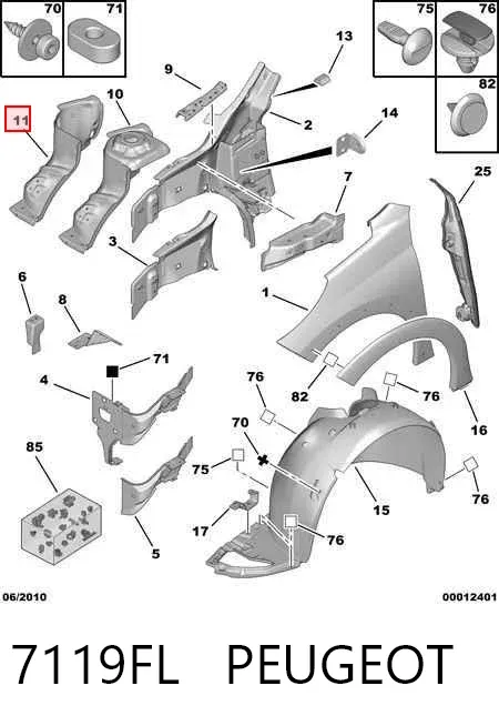 Arco de guardabarros delantero izquierdo 7119FL Peugeot/Citroen