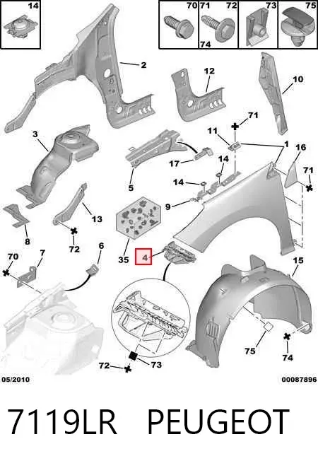 Soporte delantero izquierdo para aleta delantera 7119LR Peugeot/Citroen