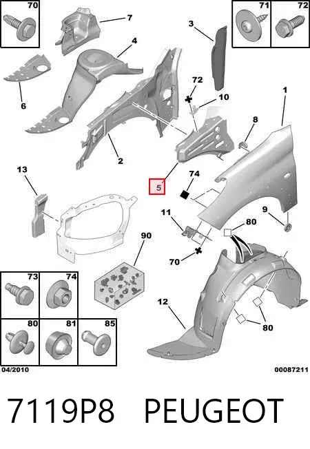 Soporte superior de guardabarros delantero izquierdo 7119P8 Peugeot/Citroen