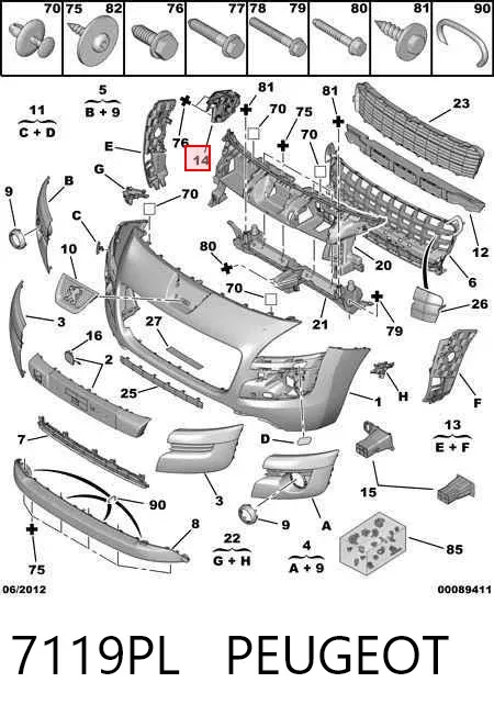 Soporte delantero izquierdo para aleta delantera 7119PL Peugeot/Citroen