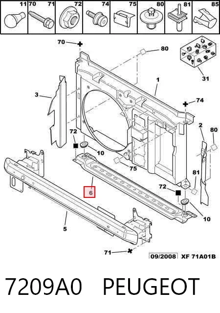 Soporte inferior del radiador (panel de montaje de faros) 7209A0 Peugeot/Citroen