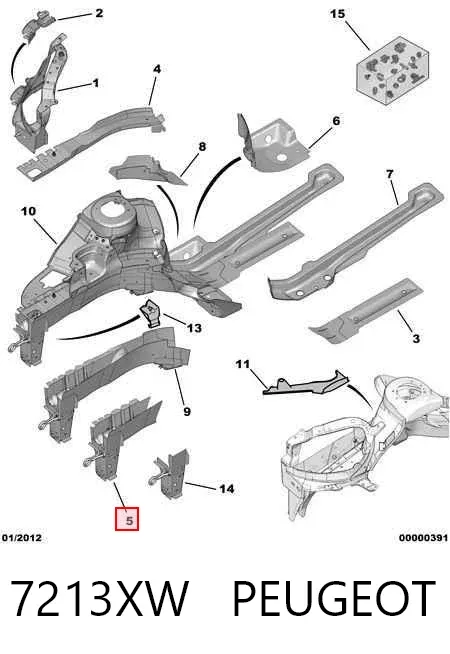 Larguero delantero derecho del bastidor 7213XW Peugeot/Citroen