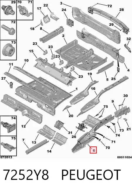 Larguero trasero derecho del bastidor 7252Y8 Peugeot/Citroen