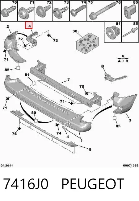 Kit de soportes/fijaciones del parachoques trasero 7416J0 Peugeot/Citroen
