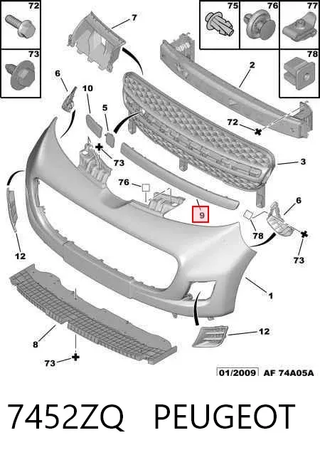 Moldura de la parrilla del parachoques delantero 7452ZQ Peugeot/Citroen
