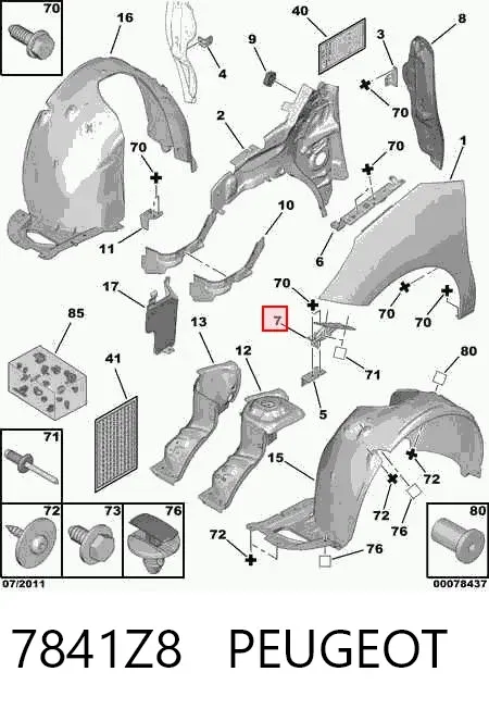 Soporte delantero de guardabarros delantero derecho 7841Z8 Peugeot/Citroen