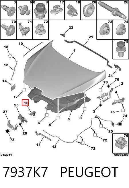 Gancho soporte del capó 7937K7 Peugeot/Citroen