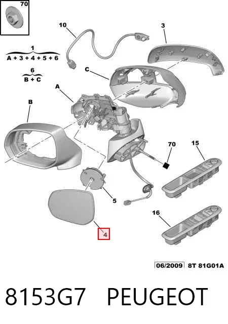 Cristal de espejo retrovisor derecho 8153G7 Peugeot/Citroen