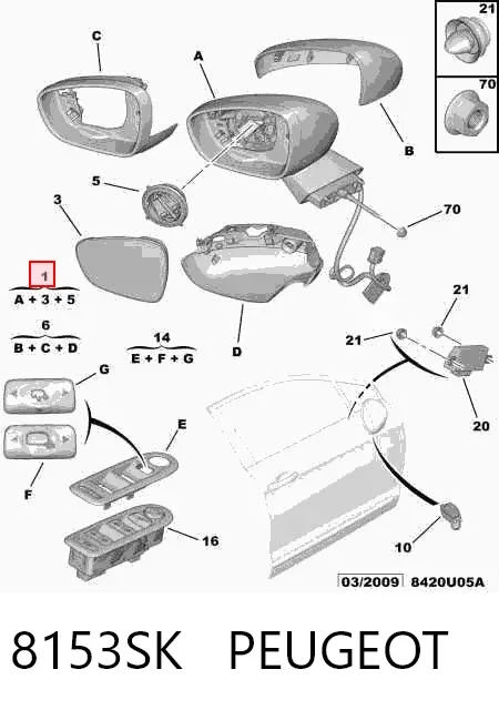 Espejo de retrovisor derecho 8153SK Peugeot/Citroen