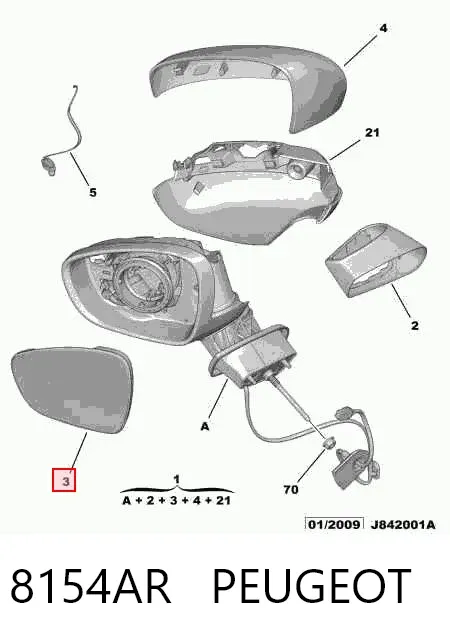 Espejo de retrovisor derecho 8154AR Peugeot/Citroen