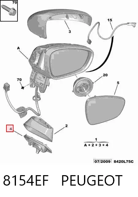 Espejo de retrovisor derecho 8154EF Peugeot/Citroen
