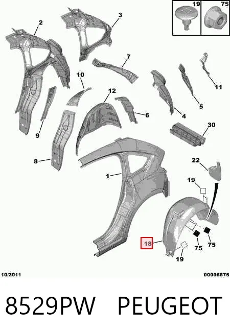 Guardabarros interior izquierdo trasero 8529PW Peugeot/Citroen